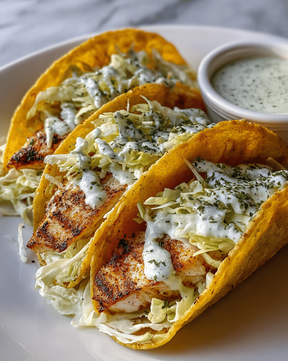 Three tacos are arranged side by side on a white plate set on a white marbled surface. Each taco has a golden yellow, crispy, slightly charred shell that holds a well-seasoned, grilled fish fillet with a light brown crust. On top of the fish is a layer of shredded pale green cabbage, which is drizzled with a creamy white sauce flecked with finely chopped green herbs. Behind the tacos, to the right, is a small white cup filled with extra creamy herb sauce. The image is close up, showing detailed texture of the crispy taco shells and fresh toppings. photo taken with an iphone --ar 4:5 --v 7