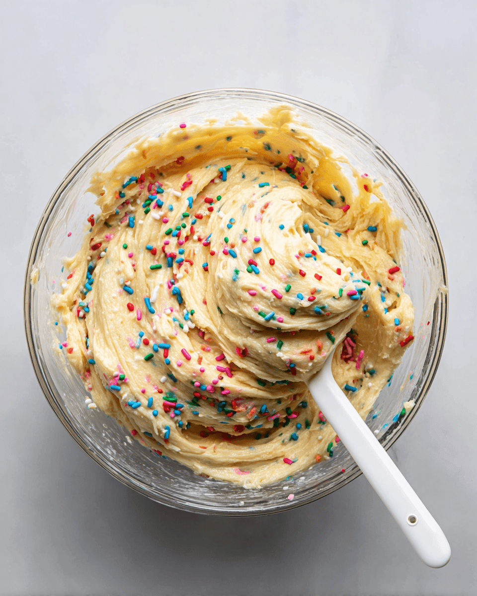 Many small, round dough balls are neatly arranged in rows on a white marbled surface. Each ball is light beige in color and covered evenly with bright, colorful sprinkles that include pink, blue, green, orange, white, and purple dots and rods. Some extra sprinkles are scattered around the balls on the surface, adding to the festive and fun look. The dough balls have a smooth and slightly shiny texture, showing their fresh, soft nature. photo taken with an iphone --ar 4:5 --v 7