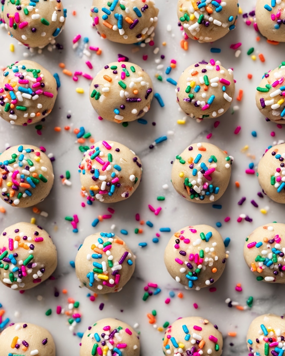 The image shows a clear glass bowl filled with thick, creamy, light yellow dough mixed with colorful rainbow sprinkles scattered throughout. A white spatula is partly submerged in the dough on the right side of the bowl, resting at an angle. The dough has a smooth texture with some soft swirls and the sprinkles add small bright pops of red, blue, green, orange, pink, and purple. The bowl sits on a white marbled surface, giving a clean, simple background. photo taken with an iphone --ar 4:5 --v 7