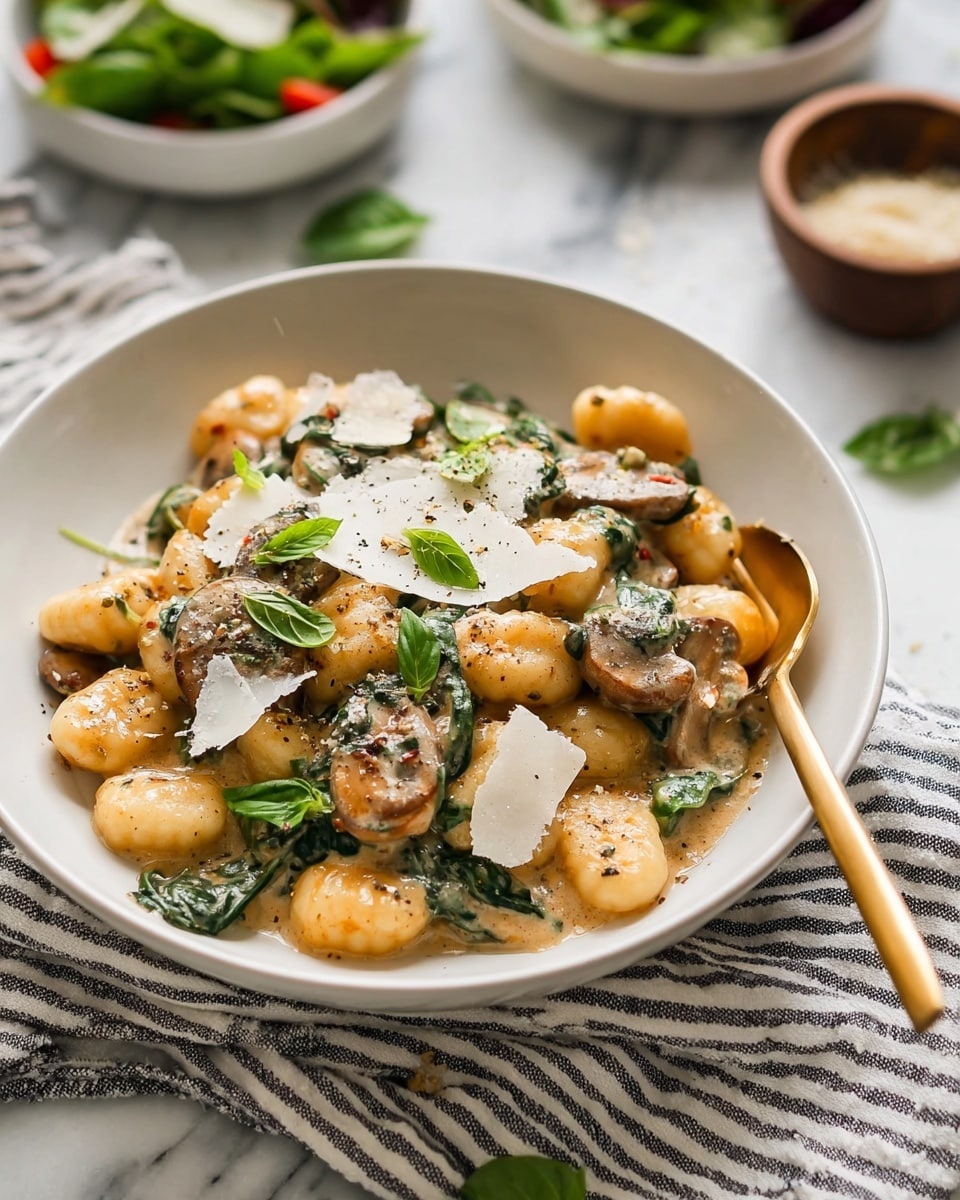 A white bowl filled with about three layers of soft gnocchi pieces in a light brown creamy sauce mixed with wilted dark green spinach leaves and small, round slices of browned mushrooms. The top layer is sprinkled with thin, uneven flakes of white cheese and small fresh green basil leaves, with some black pepper scattered over. A gold spoon rests in the bowl, leaning on the side. The bowl sits on a striped cloth over a white marbled surface. In the background, there are blurred bowls with salad and other ingredients. Photo taken with an iphone --ar 4:5 --v 7