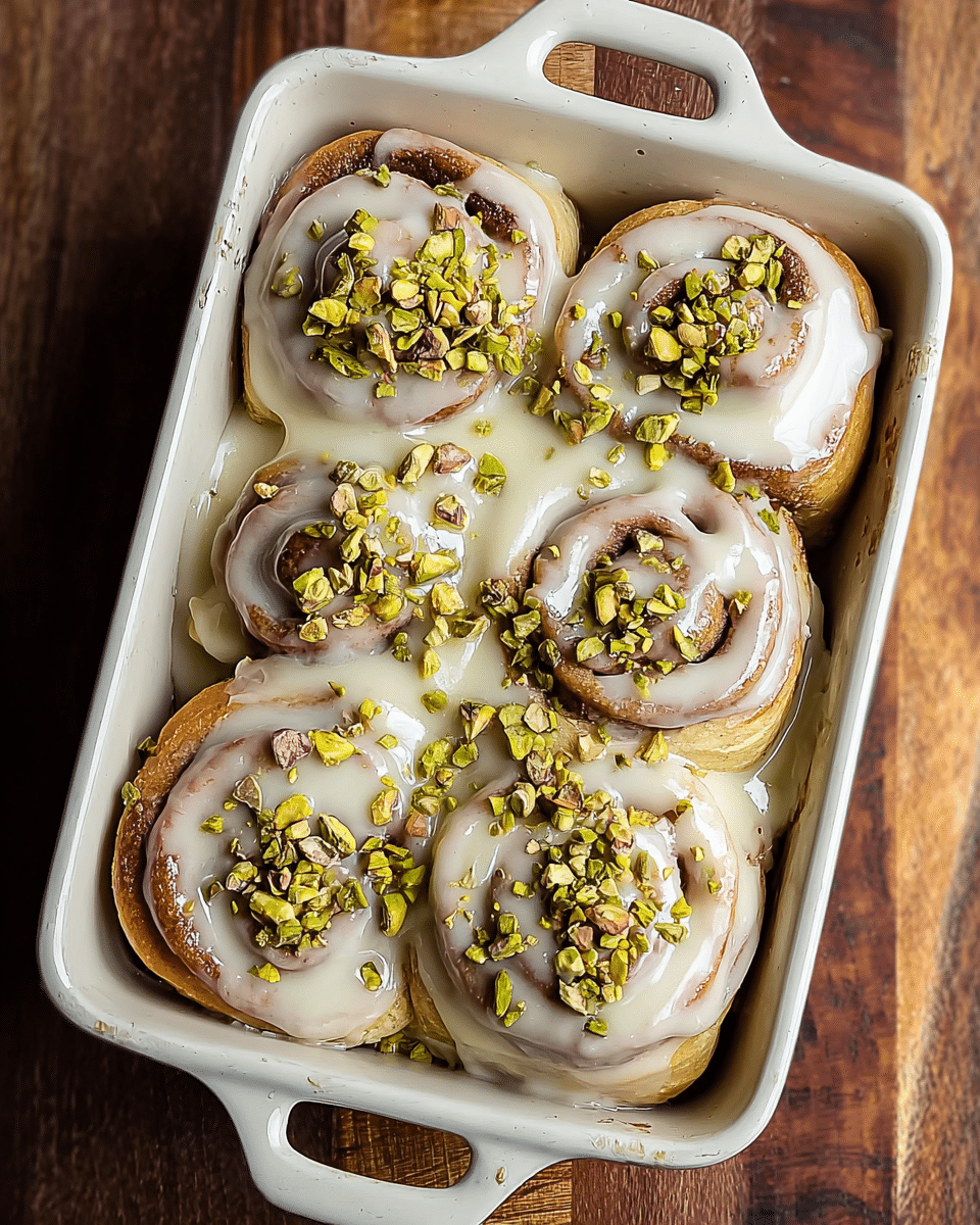 Five cinnamon rolls sit in a white rectangular baking dish with handles on both sides, placed on a wooden surface. Each cinnamon roll is covered with a thick, creamy white glaze that lightly drips over the edges. The rolls have a golden-brown color visible through the glaze and show distinct spiral layers of dough and cinnamon filling. On top of the glaze, chopped green pistachios are scattered evenly, adding texture and a pop of color to the soft rolls. The rolls fit snugly together, filling the dish without overlapping. photo taken with an iphone --ar 4:5 --v 7