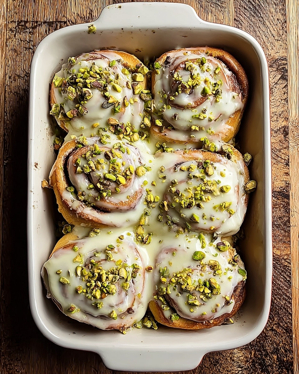 A white rectangular baking dish holds six cinnamon rolls arranged closely in two rows of three. Each roll has a golden-brown base with a visible spiral pattern, topped generously with a thick, creamy white glaze that drips slightly down the sides. The glaze is sprinkled with chopped green pistachios, adding texture and a pop of color. The dish is placed on a wooden surface with natural grain details. photo taken with an iphone --ar 4:5 --v 7