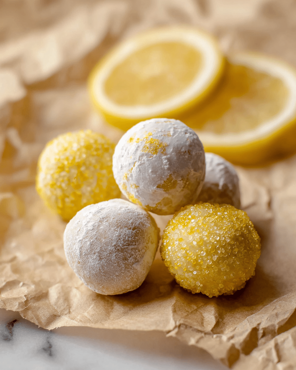Five round truffles arranged on crumpled light brown paper, with two lemon slices placed behind them on a white marbled surface. Three of the truffles are covered in a fine white powder, showing a soft texture with slight yellow spots, while two are coated in bright yellow sugar crystals giving a sparkling effect. The truffles are positioned in a small cluster close to the front center of the image, with the lemon slices blurry in the background. photo taken with an iphone --ar 4:5 --v 7