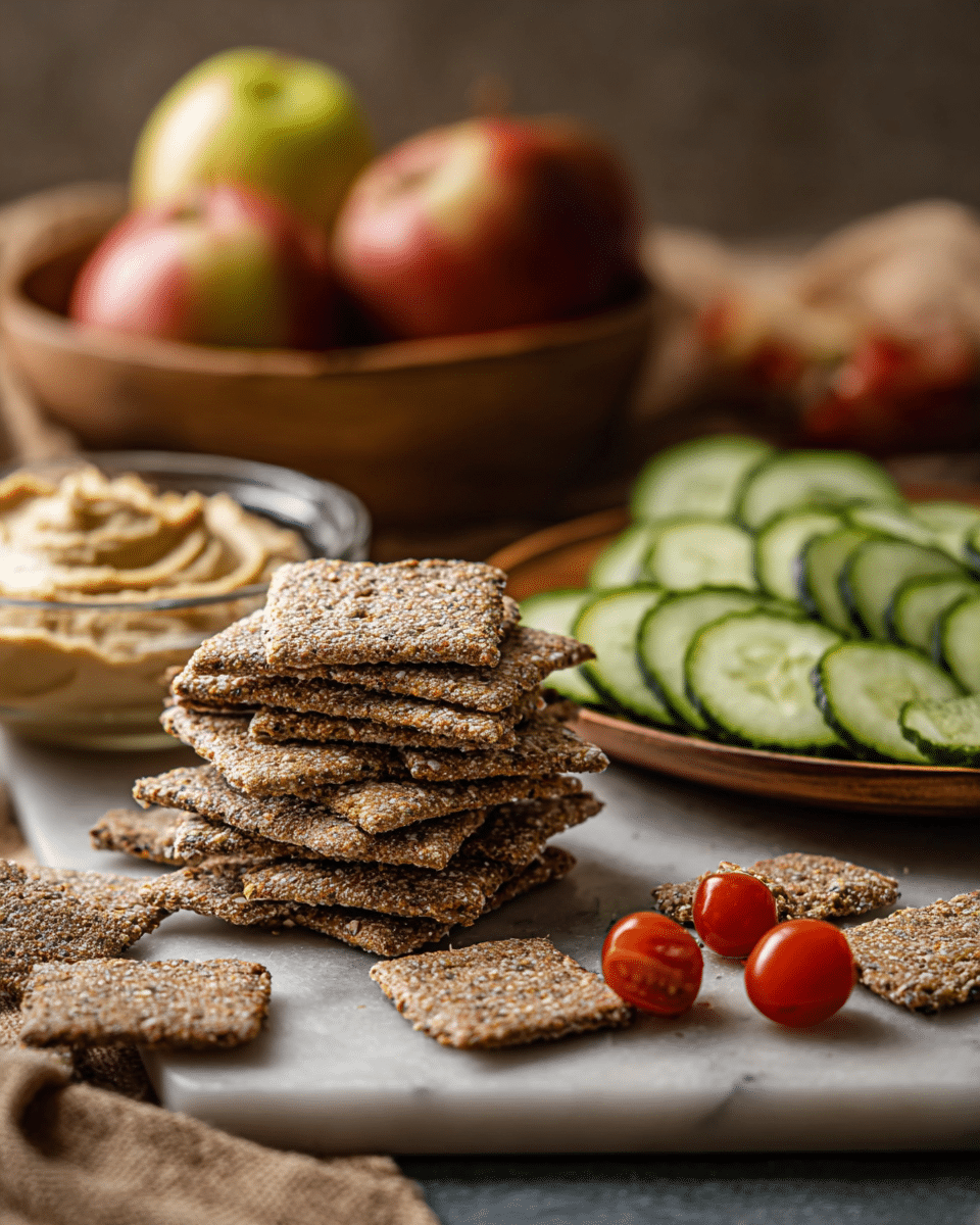 The image shows a pile of thin, square seed crackers stacked in the center on a dark slate board, their surfaces rough and textured with visible seeds of brown, black, and white colors. Behind and to the left, there is a white bowl filled with creamy beige hummus, which has a smooth and slightly swirled top. To the right of the crackers, a white wooden plate holds fresh cucumber slices with a pale green, crisp inner texture, and bright red cherry tomatoes scattered among them. The background is a soft blur with a white marbled texture surface underneath, giving a clean and fresh feel to the presentation. photo taken with an iphone --ar 4:5 --v 7