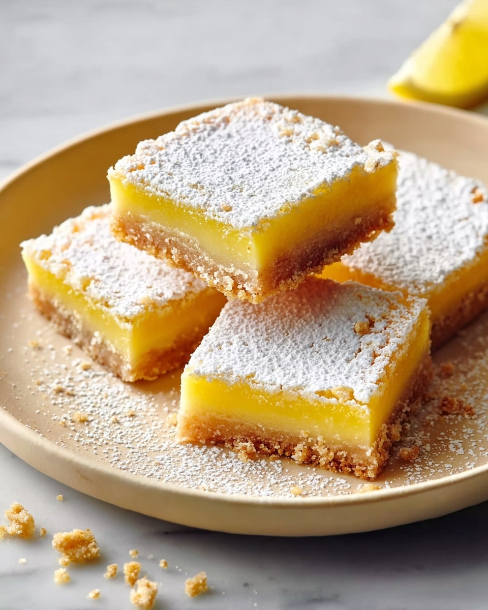 A beige plate holds four square lemon bars with three stacked and one set on top. Each bar has three layers: a golden-brown crumbly base, a thick bright yellow lemon layer in the middle, and a white powdered sugar topping dusted evenly on top. Crumbs from the base are scattered around the plate. The plate sits on a white marbled surface. photo taken with an iphone --ar 4:5 --v 7