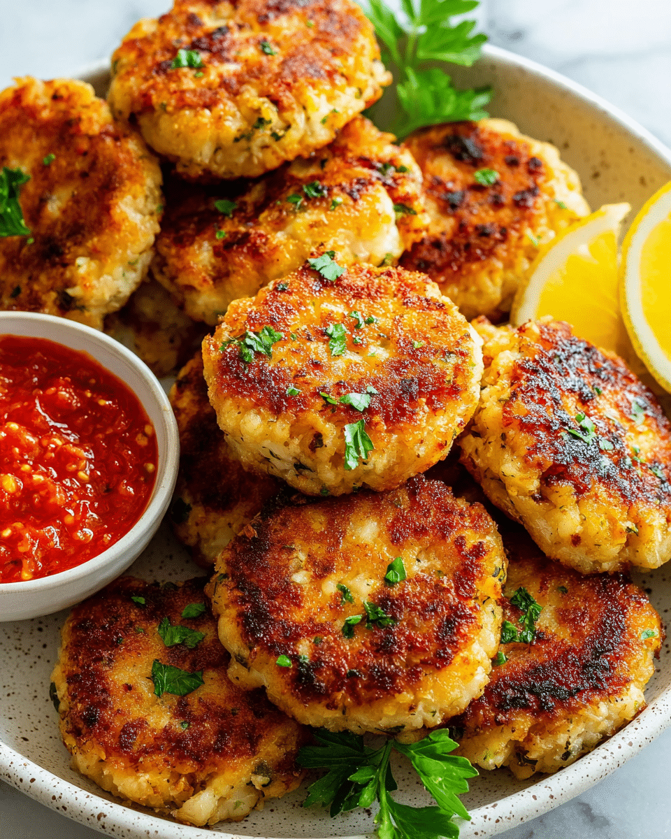 A plate filled with multiple golden-brown, crispy crab cakes stacked closely together, each showing a slightly charred, textured top sprinkled with small green parsley leaves. To the left side of the plate, there is a small white bowl filled with bright red chunky dipping sauce. A wedge of yellow lemon is placed at the back right corner of the plate. The plate is white with a subtle speckled pattern and is set on a white marbled surface. The overall scene is bright and sharp, showing the crispiness and texture of the crab cakes vividly. photo taken with an iphone --ar 4:5 --v 7