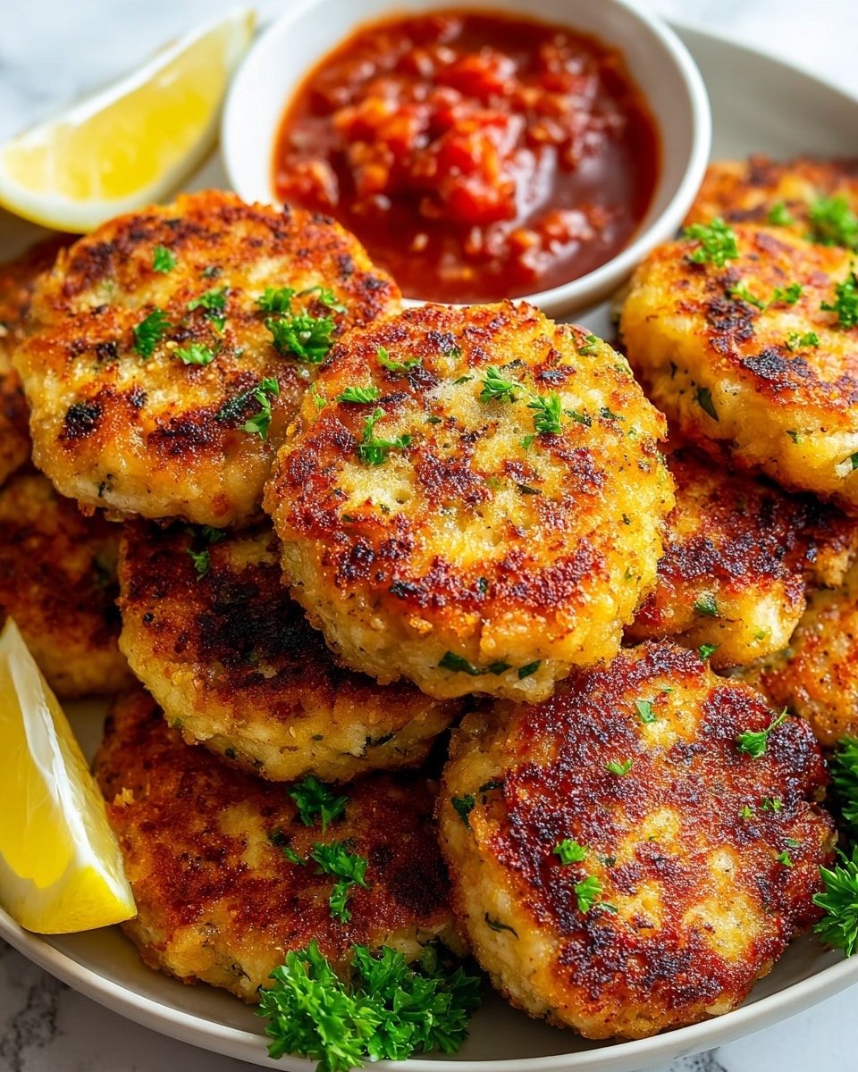A close-up view of several golden brown patties stacked on a large white plate, each patty showing a crispy, slightly charred texture with small green herb pieces mixed in. The patties are arranged in a pile, with some overlapping others, and sprinkled with fresh chopped parsley for a bright green contrast. On the side of the plate, there is a small white bowl filled with chunky red sauce, adding a rich, glossy splash of color. A lemon wedge with a pale yellow hue is placed near the edge of the plate, resting on a white marbled surface. photo taken with an iphone --ar 4:5 --v 7