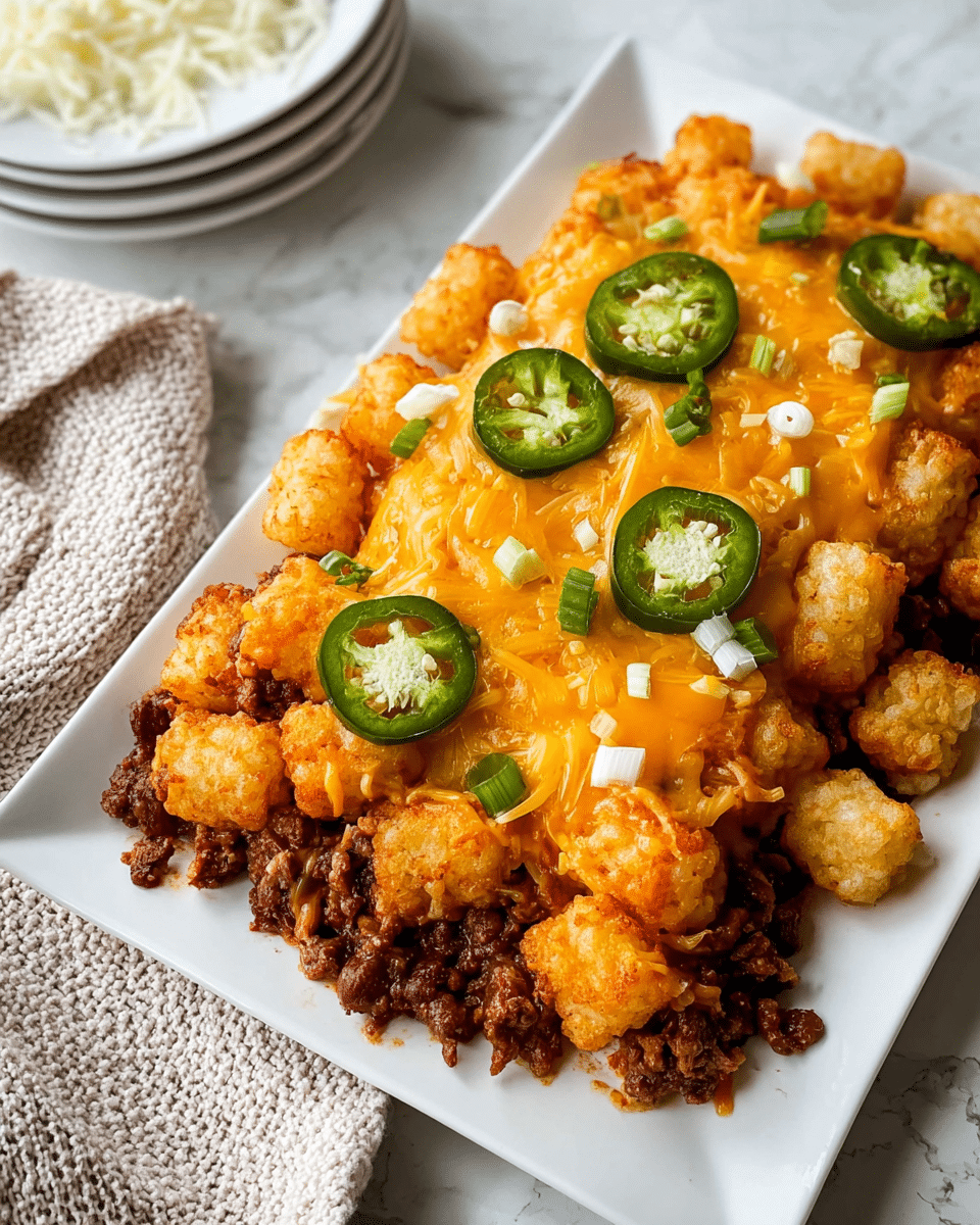 A white rectangular plate holds a layered tater tot casserole. The bottom layer is dark brown seasoned ground meat mixed with beans, topped evenly with melted bright orange cheddar cheese that looks gooey and rich. On top, a thick layer of golden crispy tater tots covers the cheese, some slightly browned for texture. Slices of fresh green jalapeños and small pieces of chopped green onions are scattered on the top for a fresh pop of color. The plate is set on a white marbled surface, with a glimpse of a light beige knit fabric and white stacked plates with shredded white cheese off to the side. Photo taken with an iphone --ar 4:5 --v 7