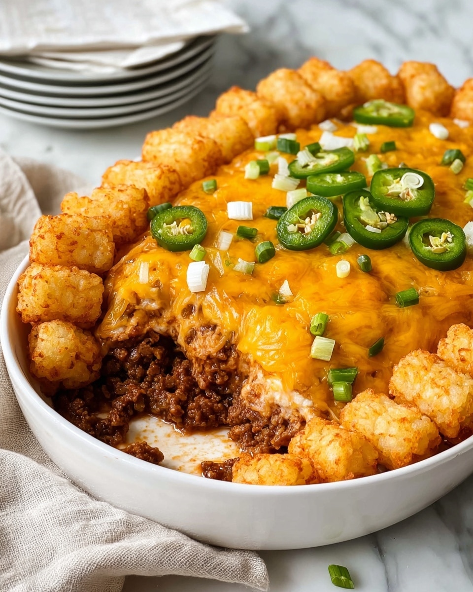 A white oval dish holds a layered tater tot casserole. The bottom layer is crumbled cooked ground beef mixed with a brown sauce, topped by a thick layer of melted orange cheddar cheese. The top layer consists of golden fried tater tots arranged closely, some slightly submerged into the cheese. Thin slices of green jalapeño are scattered on top along with small pieces of green onion, adding a fresh touch. The dish sits on a white marbled surface, with a folded beige cloth partially visible nearby and stacked white plates in the background. Photo taken with an iphone --ar 4:5 --v 7
