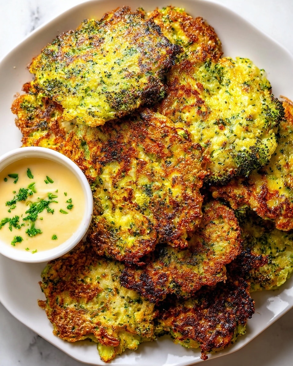 A pile of about ten crispy broccoli pancakes with a golden brown crust sits in the center of a white plate on a white marbled surface. Each pancake is round but uneven, showing green broccoli bits inside a textured, cooked batter with dark green and yellow colors. The pancakes overlap and create a rough, crunchy top layer with visible edges browned to different levels of crispness. To the left side of the plate, a small white bowl filled with creamy, pale yellow dipping sauce garnished with finely chopped green herbs is placed. The whole scene is brightly lit, showing the detailed texture and colors of the pancakes and sauce. Photo taken with an iphone --ar 4:5 --v 7