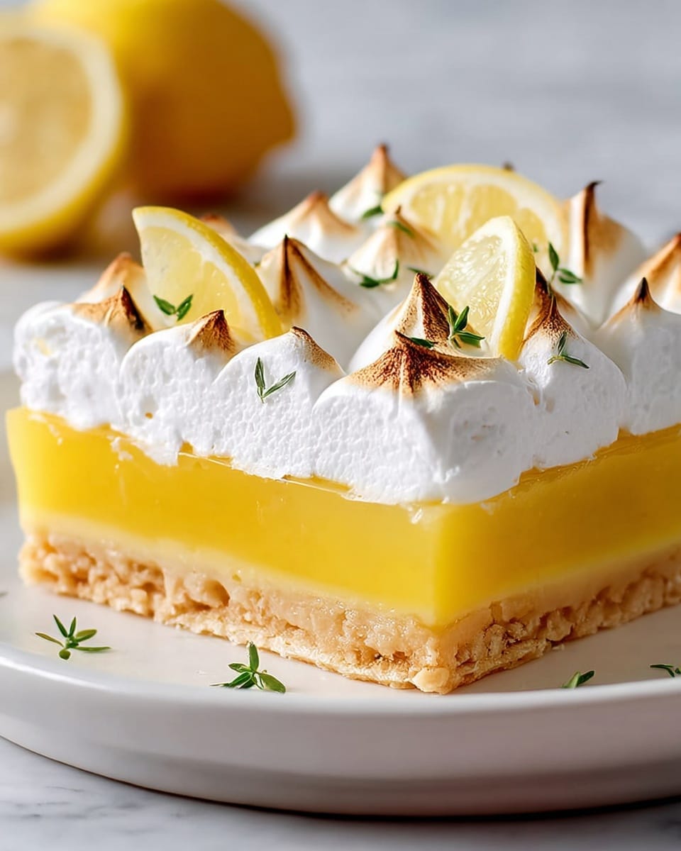 A square lemon tart is shown with three layers: the bottom layer is a light tan, crumbly pastry crust with slightly raised edges; above it is a thick, smooth, bright yellow lemon filling with a glossy texture; the top layer is a fluffy, white meringue with lightly toasted peaks scattered unevenly. Thin lemon slices and small green herb leaves are placed on top of the meringue as decoration. The tart sits on a white plate with a white marbled background. photo taken with an iphone --ar 4:5 --v 7