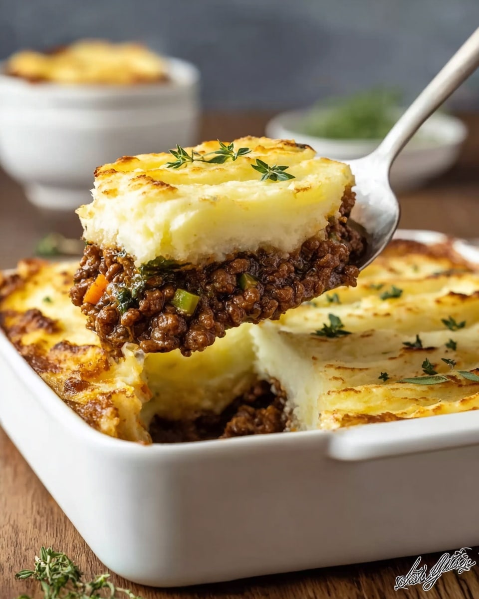 A white baking dish holds a shepherd’s pie with two visible layers. The bottom layer is brown ground meat mixed with cooked vegetables like slices of green zucchini, showing a textured and meaty look. The top layer is a thick, fluffy, slightly browned mashed potato topping with a golden crust and small green herb leaves as garnish. A metal spatula held by a woman's hand lifts a portion, clearly showing the two layers and the contrast between the creamy potatoes and hearty meat filling. The dish sits on a wooden table with a blurred white marbled background. Photo taken with an iphone --ar 4:5 --v 7