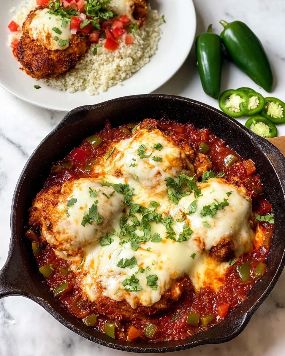 A black cast iron skillet holds four pieces of golden brown chicken browned with a layer of creamy melted white cheese on top, sprinkled with fresh green cilantro leaves. The chicken rests in a chunky red tomato sauce mixed with diced green and red bell peppers, creating a textured and colorful base that fills the bottom and edges of the skillet. In the background, on a white plate, two pieces of chicken with the same toppings sit on a bed of white cauliflower rice, also garnished with chopped tomatoes and cilantro. To the side on the white marbled surface, there are two whole green jalapeños and one sliced green jalapeño revealing light seeds inside. Photo taken with an iphone --ar 4:5 --v 7