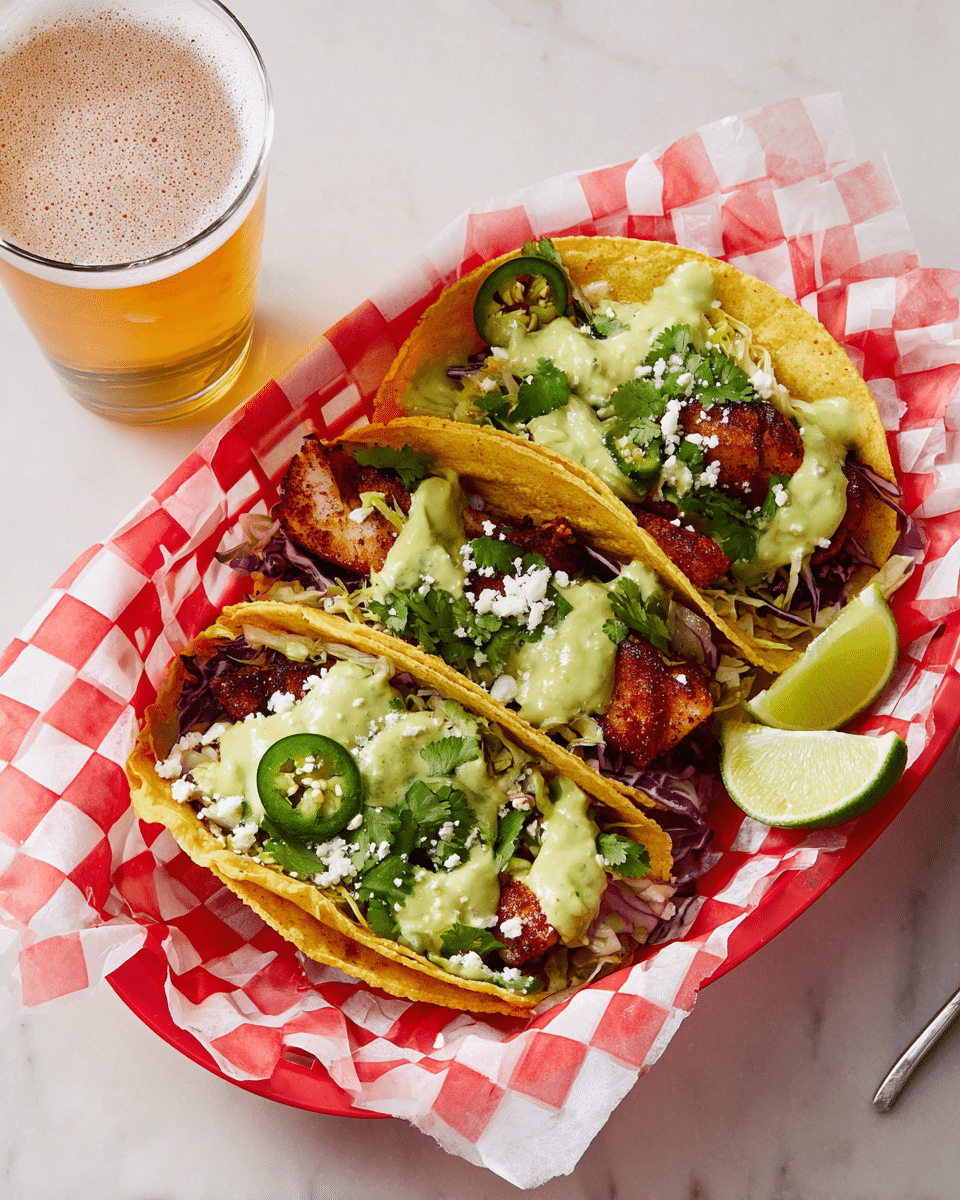 Three fish tacos are layered inside soft, warm corn tortillas with a golden-yellow color. The bottom layer inside each taco is shredded purple cabbage, topped with pieces of crispy, browned fish with a reddish spice coating. Light green creamy avocado sauce is drizzled over the fish, followed by slices of fresh green jalapeño peppers and scattered white crumbled cheese. Bright green cilantro leaves are sprinkled throughout, with two lime wedges placed in the basket on the side. The tacos sit on red-and-white checkered paper that lines a white basket, all placed on a white marbled surface. To the left, a transparent glass filled with light amber beer is visible. Photo taken with an iphone --ar 4:5 --v 7