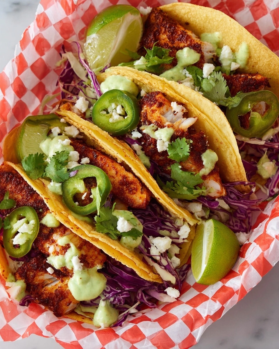 Three tacos are shown in a basket lined with red and white checkered paper, placed on a white marbled surface. Each taco has a soft, yellow corn tortilla folded in half and layered with a base of shredded purple cabbage. On top of the cabbage are chunks of grilled fish with a reddish-brown spice coating. Green jalapeño slices and dollops of light green sauce are scattered evenly over the fish. Small white cheese crumbles and fresh green cilantro leaves are sprinkled on top. Lime wedges rest inside the basket near the tacos. photo taken with an iphone --ar 4:5 --v 7