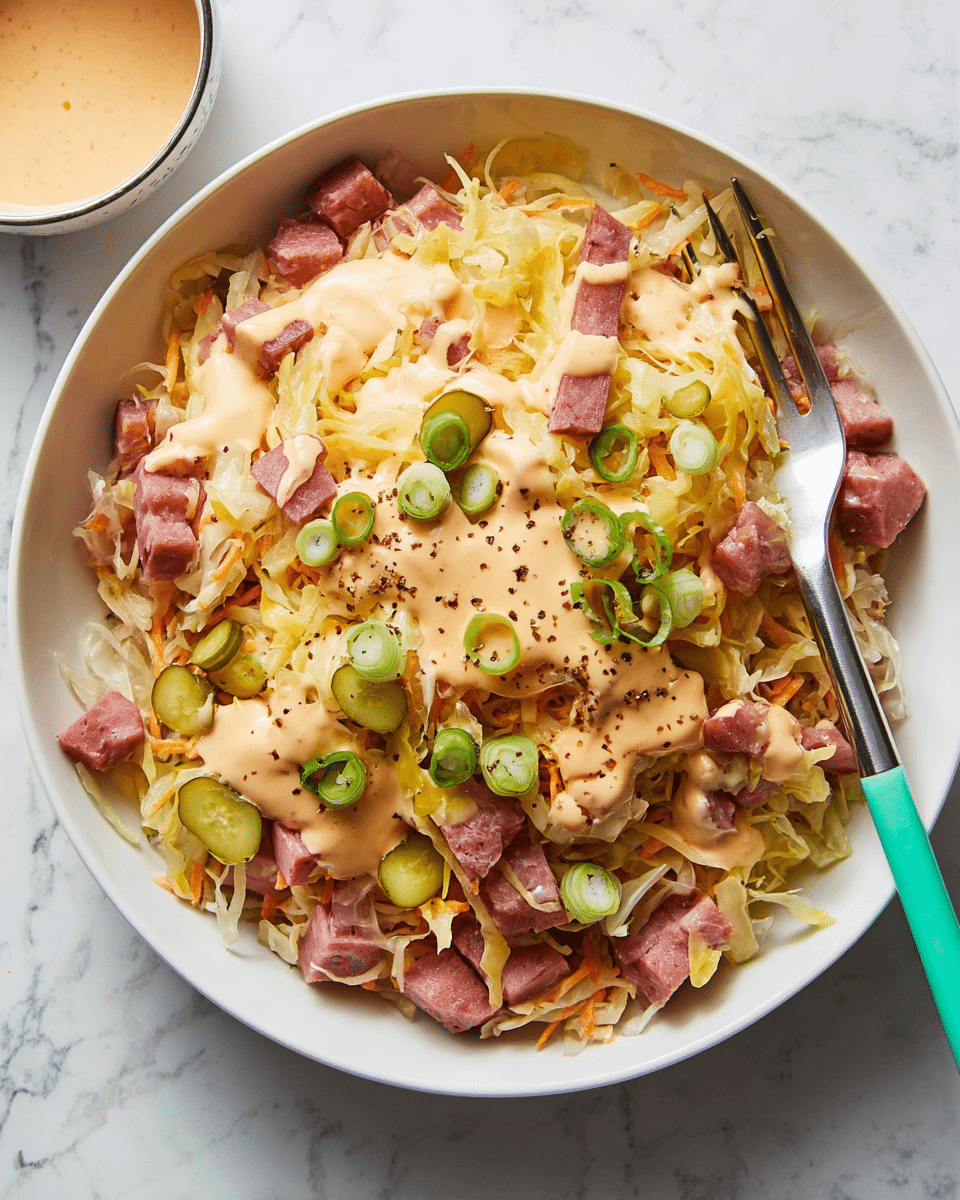 A white bowl filled with a multi-layered dish starts with a base of light yellow shredded cabbage mixed with thin carrot strips, topped with small pinkish-brown pieces of ham scattered throughout. The next layer is melted pale yellow cheese spread unevenly over the top, followed by scattered small green pickle slices and thinly sliced pale green spring onions. The dish is drizzled with a smooth, creamy light orange sauce, sprinkled lightly with brown caraway seeds, and includes a shiny silver fork with a mint green handle resting on the bowl's right edge. All is set against a white marbled surface. photo taken with an iphone --ar 4:5 --v 7