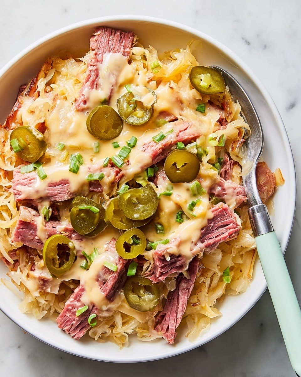 The dish is shown in a white bowl on a white marbled surface. It has several layers: the bottom layer consists of soft, pale yellow sauerkraut mixed with some light green sliced scallions. On top of that, there are thick strips of pinkish-brown smoked meat spread throughout. The dish is topped with a melted creamy cheese layer that looks stringy and light yellow. Scattered pickle slices of olive green add texture, along with thin green scallion slices. The surface is drizzled with a thick, light brown sauce. A metal fork with a pale turquoise handle rests inside the bowl at the right edge. Photo taken with an iphone --ar 4:5 --v 7
