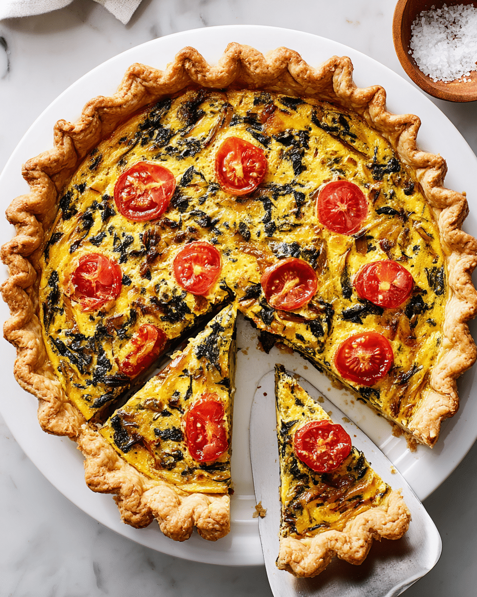 A round savory pie with a golden-brown, crimped crust sits on a white plate, placed on a white marbled surface. The pie filling has a yellow base mixed with dark green leafy vegetables and browned bits, evenly spread across the pie in one thick layer. Sliced red cherry tomatoes are arranged on top in a pattern, their glossy texture contrasting with the matte filling. Four pie slices are cut and slightly separated, showing the thickness and texture of the filling and crust. There is a metal pie server with a white handle resting by the plate, and a wooden bowl with coarse salt is visible at the top right. Photo taken with an iphone --ar 4:5 --v 7
