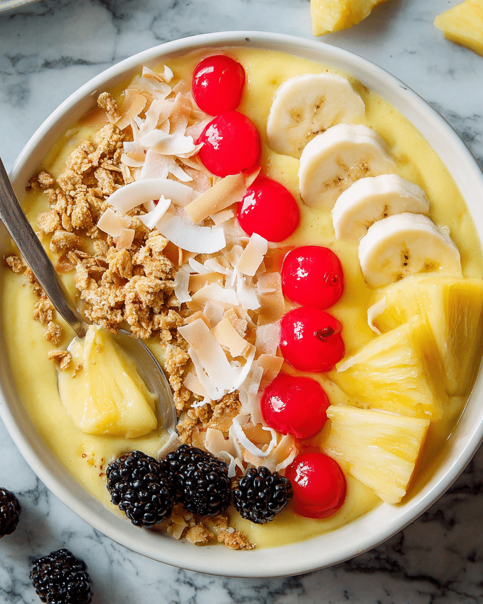 The image shows a smoothie bowl in a white bowl filled with a yellow smoothie base. On top, there are four layers of toppings arranged in rows: shredded toasted coconut with a light tan and white texture, granola bits with a rough light brown texture, sliced banana pieces in pale yellow curved slices, and a row of bright red maraschino cherries. Scattered in the foreground are shiny blackberries with a glossy black-purple surface and chunks of yellow pineapple. A silver spoon holding a few blackberries and pineapple pieces rests inside the bowl. The bowl sits on a white marbled surface. Photo taken with an iphone --ar 4:5 --v 7