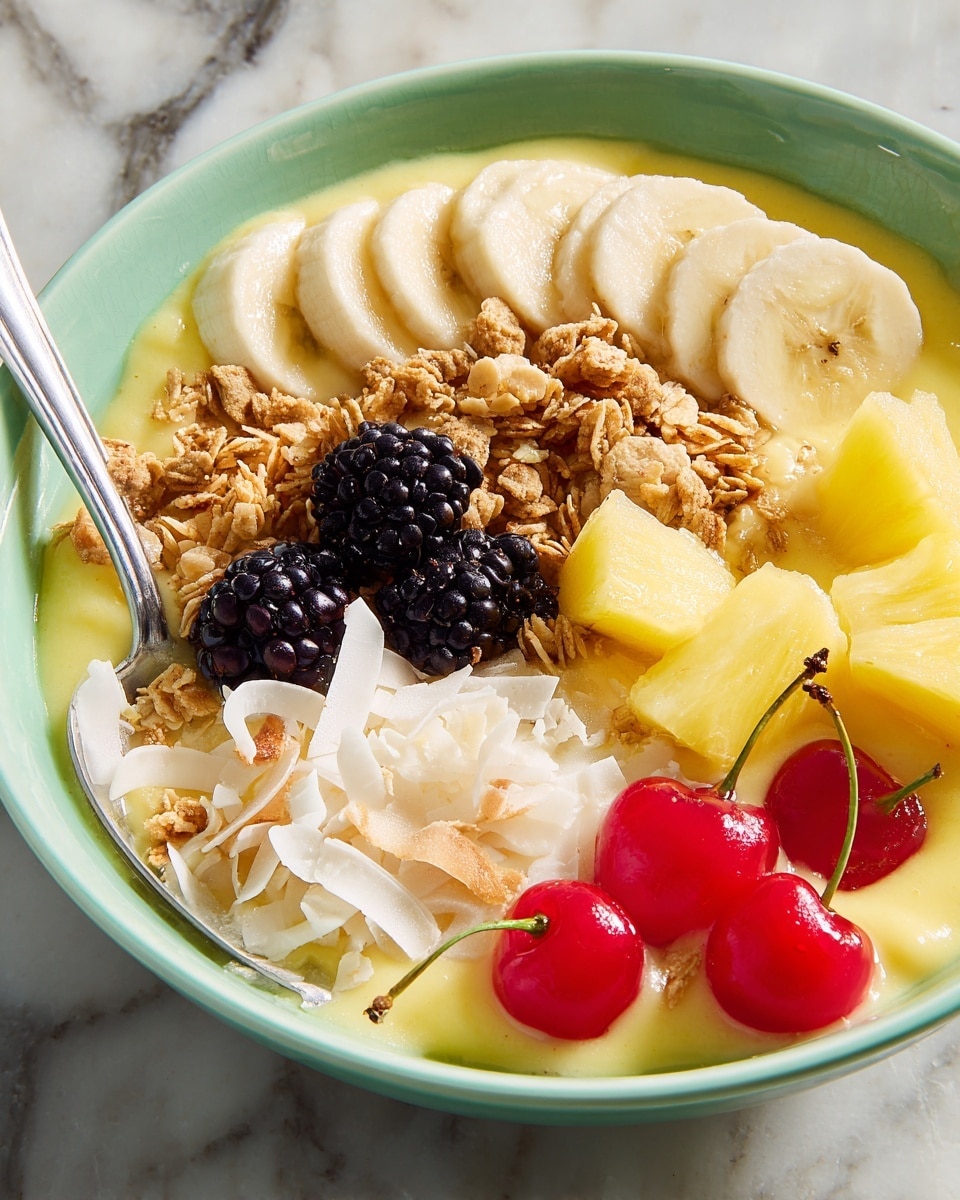 A light green bowl holds a yellow smoothie base with a smooth texture. On top, there are sliced bananas arranged in a row, golden pineapple chunks to the side, and several dark blackberries grouped together. Bright red maraschino cherries with stems stand out near the front. Spilled over the banana slices is a layer of granola with small clusters and oatmeal bits, topped with shredded white coconut flakes. A silver spoon rests inside the bowl across the mixture. The bowl is set on a white marbled surface. Photo taken with an iphone --ar 4:5 --v 7