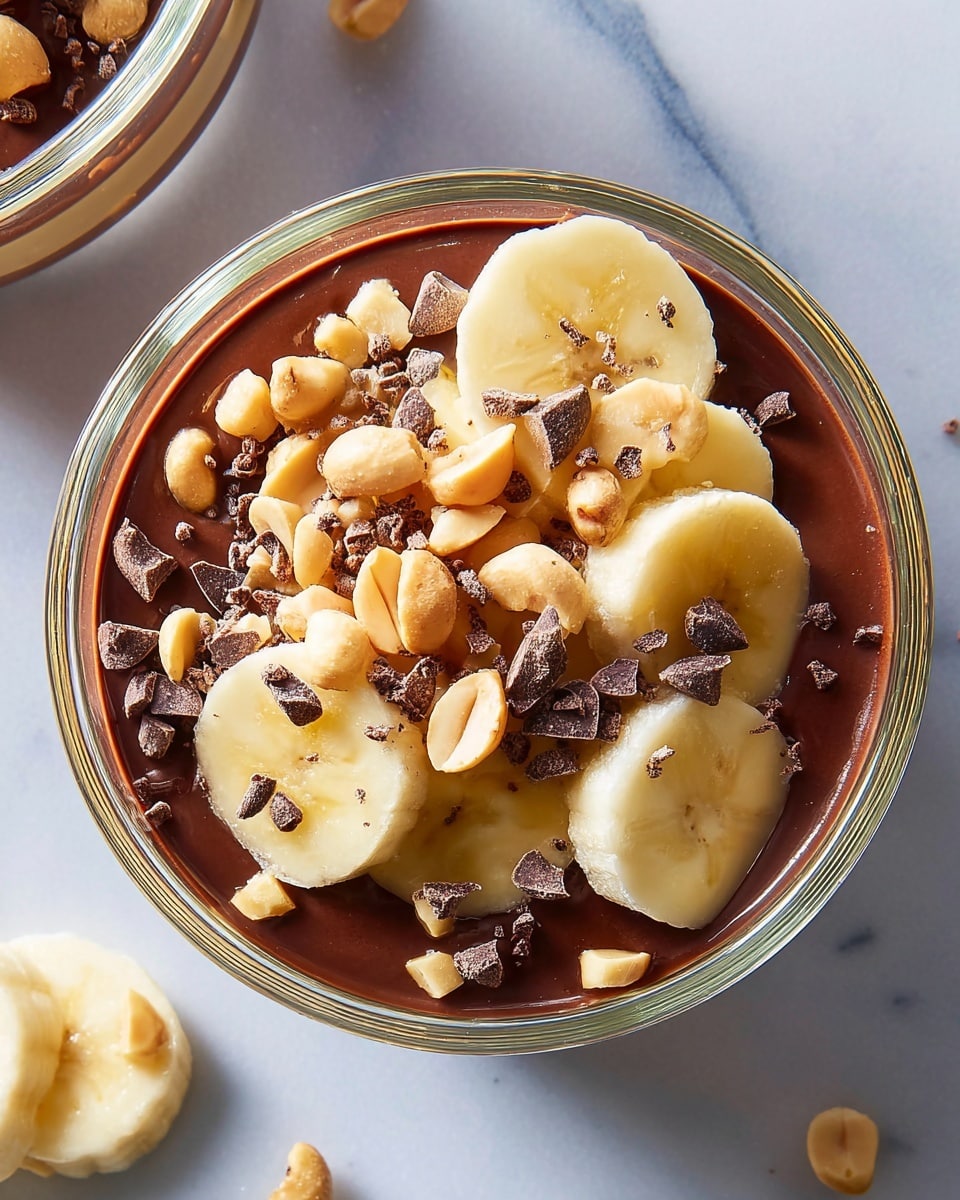 A close-up view of a dessert in a clear glass bowl showing three visible layers: the bottom layer is a smooth dark brown chocolate pudding, the middle layer has small light yellow banana slices scattered loosely, and the top layer is sprinkled with light tan roasted peanuts and dark brown cacao nibs. The bowl is placed on a white marbled textured surface. Photo taken with an iphone --ar 4:5 --v 7