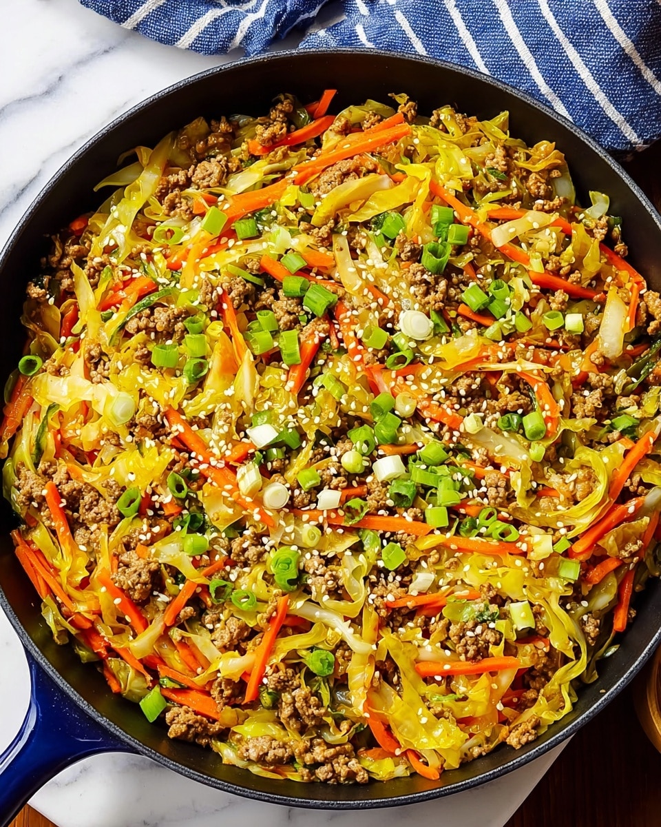 A close-up top view of a black skillet filled with cooked ground meat mixed with thin, shredded yellow cabbage and bright orange carrot strips scattered evenly throughout. The dish is topped with small pieces of fresh green onions and white sesame seeds, adding texture and pops of green and white over the warm tones of the meat and vegetables. The skillet rests on a white marbled surface with part of a blue and white striped cloth visible nearby. The colors and textures create a fresh and tasty impression. photo taken with an iphone --ar 4:5 --v 7