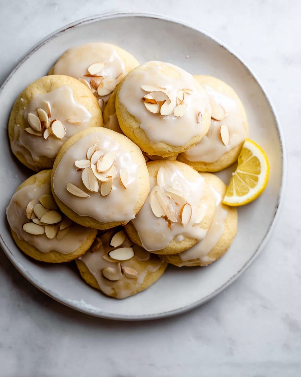 A white plate holds a pile of soft, round cookies, each with a smooth, pale yellow base layer. Each cookie is topped with a shiny, off-white glaze that drips slightly down the sides, giving a glossy texture. Scattered thin almond slices rest on top of the glaze on most cookies, adding a light tan contrast. A small wedge of bright yellow lemon sits on the side of the plate, adding a pop of color. The plate is set on a white marbled texture surface. photo taken with an iphone --ar 4:5 --v 7