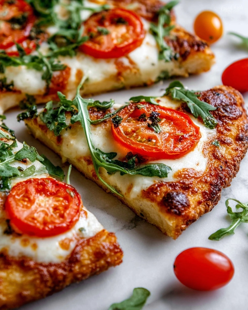 The image shows a close-up of a sliced pizza with a golden-brown crust that looks crispy on the edges. The pizza has one main thick layer of melted white cheese on top of the crust, browned in spots from baking. On top of the cheese are bright red tomato slices, each with a shiny, juicy texture. Around the tomatoes, fresh green arugula leaves are scattered, adding a pop of color and a leafy texture. The pizza lies on a white marbled surface with a few cherry tomatoes nearby. The photo taken with an iphone --ar 4:5 --v 7