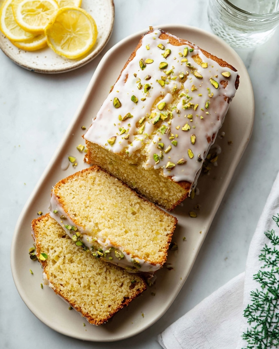 A loaf of cake is sliced and placed on a white oval plate on a white marbled surface. The cake has three visible layers: the bottom layer is golden brown with a glazed white icing lightly dripping down its sides, sprinkled with small pieces of green pistachios. The two slices on top show a crumbly, light golden interior with bits of pistachio inside and a thin layer of white glaze on top. To the upper left, there is a small white plate with three lemon slices, and to the right, a glass of water, with part of a white cloth with green embroidery visible nearby. photo taken with an iphone --ar 4:5 --v 7