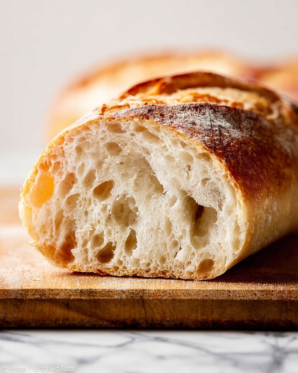 A close-up image of a sliced baguette loaf placed on a wooden cutting board over a white marbled surface. The bread shows one visible half with a golden-brown crust that is slightly crispy and cracked. The inside has an open crumb structure with many irregularly sized air pockets showing a soft, light beige texture. The background is blurred to keep focus on the bread slice. Photo taken with an iphone --ar 4:5 --v 7