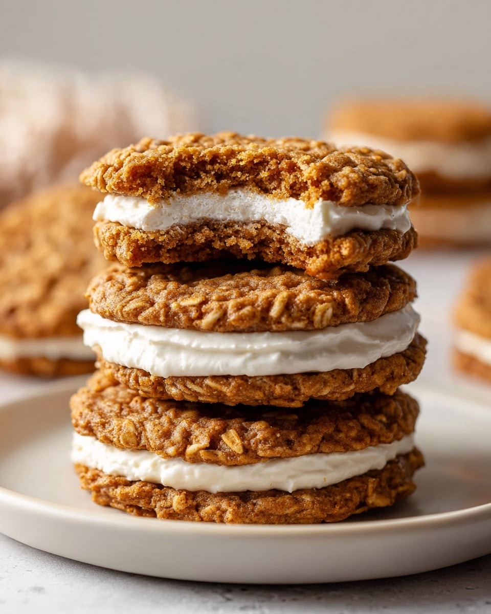 A close-up view of three stacked oatmeal cream pies on a smooth white plate, each pie showing two rough-textured, golden-brown oatmeal cookie layers with visible oats and a thick, smooth cream filling in between. The top pie has a bite taken out, revealing the soft, fluffy white cream inside and the crumbly cookie texture. The background features a soft-focus white marbled surface with neutral, blurred elements behind. photo taken with an iphone --ar 4:5 --v 7