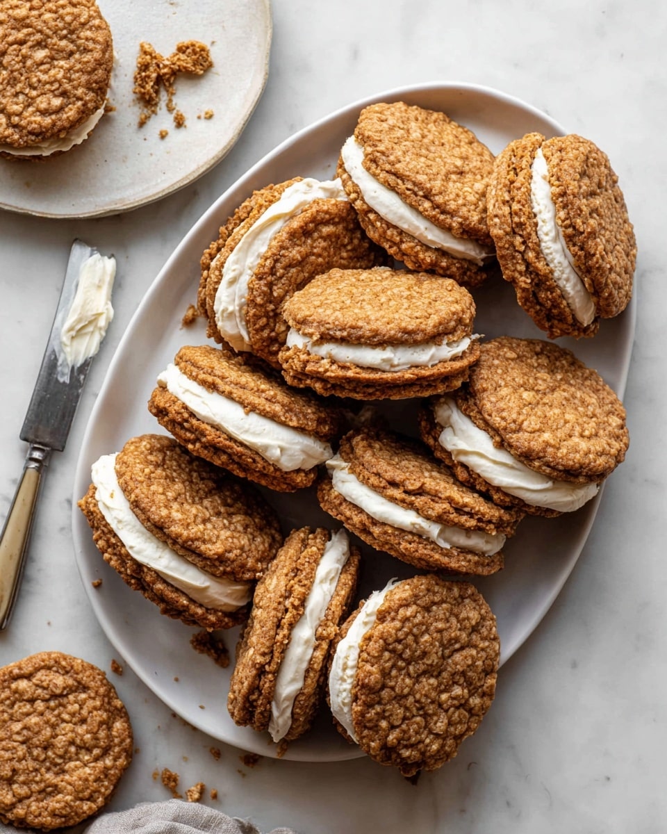 The image shows a white oval plate filled with several oatmeal cream pies stacked and slightly overlapping. Each pie has two round, textured oatmeal cookies in a light brown color, with a thick layer of white creamy filling in the middle. One oatmeal cream pie on the plate is broken in half, displaying the creamy inside and rough cookie edges. Outside the plate, a white marbled surface holds a few crumbs and a half-eaten oatmeal cream pie. On the left side, there is a white plate with a butter knife resting on it, and the knife has some cream on the blade. The overall look is warm, soft, and inviting. photo taken with an iphone --ar 4:5 --v 7