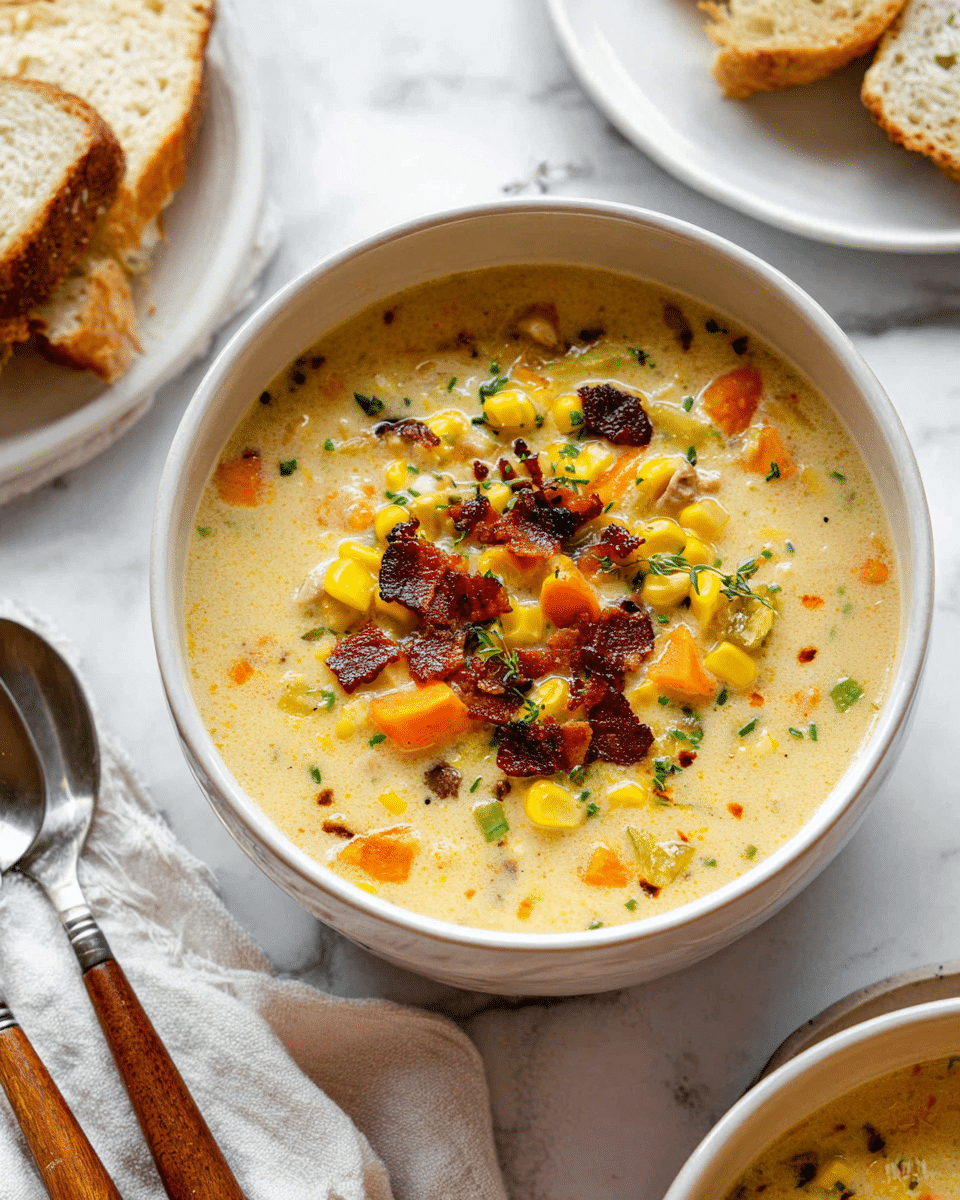 A white bowl filled with creamy soup showing three main layers: a light beige creamy base with a smooth texture, a colorful mix of yellow corn kernels, orange carrot pieces, and small green herbs scattered throughout the soup, and dark brown crispy bacon bits sprinkled on top. The bowl sits on a white marbled surface with a partially visible white plate of light brown toasted bread slices nearby and two spoons with wooden handles resting on a white cloth in the lower left corner. Photo taken with an iphone --ar 4:5 --v 7