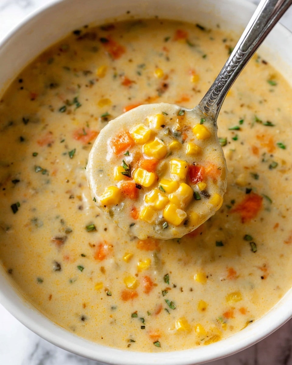 A close-up image of a creamy soup filled with three main layers: the base layer is thick and beige with a smooth texture; the second layer contains bright yellow corn kernels scattered throughout; the top layer has small orange carrot pieces and bits of green herbs dotted all over. A silver ladle lifts a scoop of the soup, clearly showing all these colorful pieces combined in one round scoop. The soup is inside a white bowl, and the background shows a white marbled surface. photo taken with an iphone --ar 4:5 --v 7