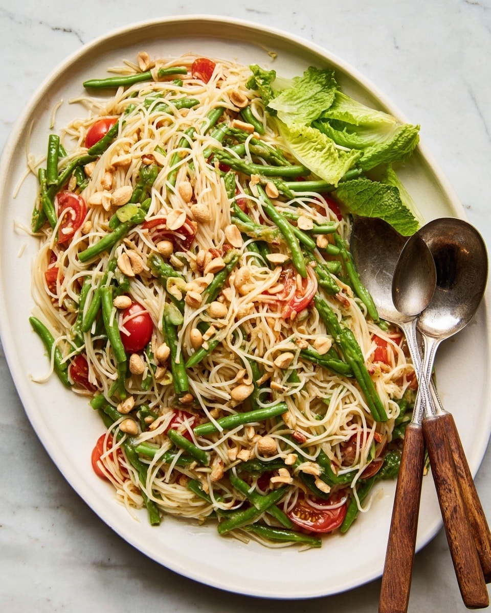 The dish is a fresh-looking salad on a large white oval plate placed on a white marbled surface. The base layer is a tangle of thin, pale yellow noodles mixed with bright green long beans cut into small pieces. Scattered among the noodles are small red tomato slices adding a pop of color. There are a few green lettuce leaves arranged on one side of the plate. The salad is topped with roughly chopped light brown peanuts for texture. Resting on the right side of the plate are two wooden-handled metal serving spoons. Photo taken with an iphone --ar 4:5 --v 7