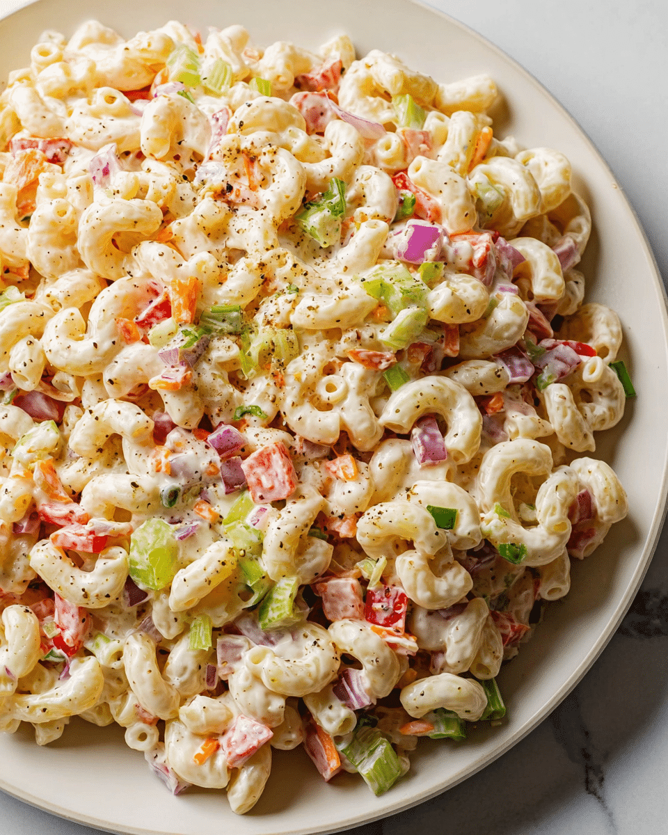 The image shows a close-up of a creamy pasta salad served on a white plate, with no visible layers but a mix of many small ingredients throughout. The main part is pale yellow elbow macaroni coated in a smooth, white creamy dressing. Scattered among the pasta are small diced red bell peppers, bits of green celery leaves, finely chopped purple onions, and thin orange carrot pieces, creating a colorful mix. There are also a few flecks of black pepper sprinkled on top for texture. The plate sits on a white marbled surface. photo taken with an iphone --ar 4:5 --v 7
