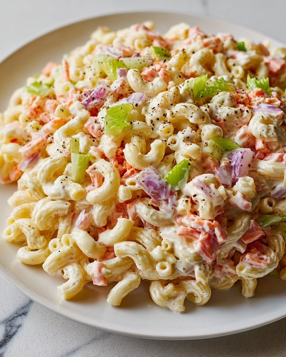 A close-up view of a plate filled with creamy macaroni salad. The dish has three main layers: the bottom layer is a mix of small elbow macaroni pasta in pale yellow, covered by a creamy white sauce. The middle layer shows finely chopped red bell peppers and carrots with an orange shade, along with small pieces of purple onion. On top, there are small green leafy celery pieces scattered evenly, adding fresh color. Black pepper flakes are lightly sprinkled over the salad. The plate is white and sits on a white marbled textured surface. photo taken with an iphone --ar 4:5 --v 7