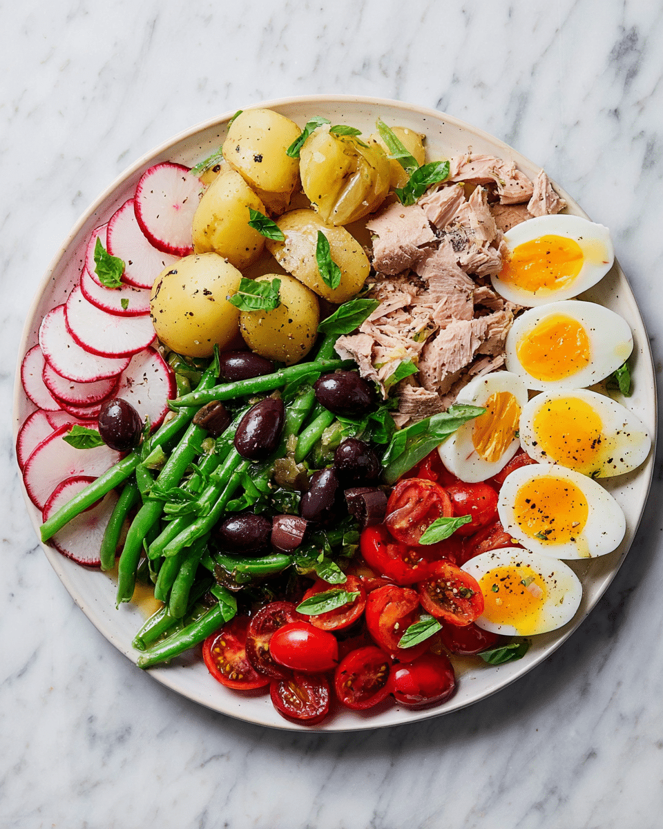 A white round plate on a white marbled surface holds a colorful dish with six distinct layers arranged side by side. Starting from the left, the first layer is made of sliced radishes, pale pink with white centers and small green basil leaves on top. Next to it are halved small yellow potatoes with a light drizzle of sauce and black olives scattered over them. In the middle, a pile of bright green beans is topped with chopped green herbs and black olives. To the right of the beans, there are two chunks of light pink tuna fish garnished with more black olive slices and green basil leaves. Next is a layer of halved bright red cherry tomatoes with green basil on top. Finally, on the far right side, four soft-boiled egg halves with runny yellow yolks are placed, sprinkled with black pepper and small basil leaves. photo taken with an iphone --ar 4:5 --v 7