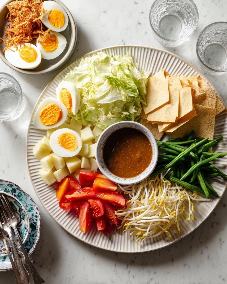 A large white plate with ridged edges holds an arranged mix of fresh ingredients. Starting from the top left, there are six slices of boiled eggs with soft orange yolks, followed by shredded pale green cabbage below them. Next to the cabbage are light beige thin crackers stacked in groups of two. To the right of the crackers, small white pieces of potato sit alongside fresh deep green beans. Nearby, a small white bowl with brown sauce takes a central spot, with sliced red tomatoes placed below it. To the right of the tomatoes, pale yellow bean sprouts add texture. A small bowl with fried crispy onions sits above the tomatoes, completing the colorful assortment. The dish is set on a white marbled texture, near a smaller white bowl holding some of the same ingredients, accompanied by three small glasses of water and stacked white plates with forks. photo taken with an iphone --ar 4:5 --v 7