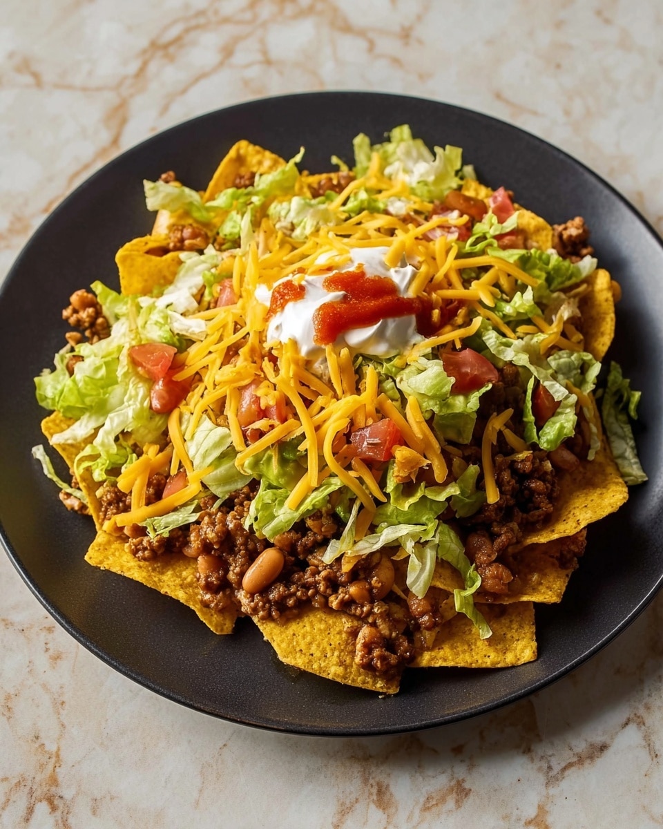 A black plate holds a layered nacho dish on a white marbled surface. The bottom layer shows crispy, yellow corn chips scattered unevenly. On top of this layer, there is cooked seasoned ground beef mixed with pinto beans, adding a chunky texture. Over the meat and beans, there are small pieces of bright green avocado and chopped red tomatoes, along with finely shredded light green lettuce. Near the center, a small dollop of white sour cream is visible, topped with a vibrant red salsa sauce. The dish is finished with a generous amount of shredded orange cheddar cheese scattered mostly in the center, with some cheese strands extending outward. Photo taken with an iphone --ar 4:5 --v 7