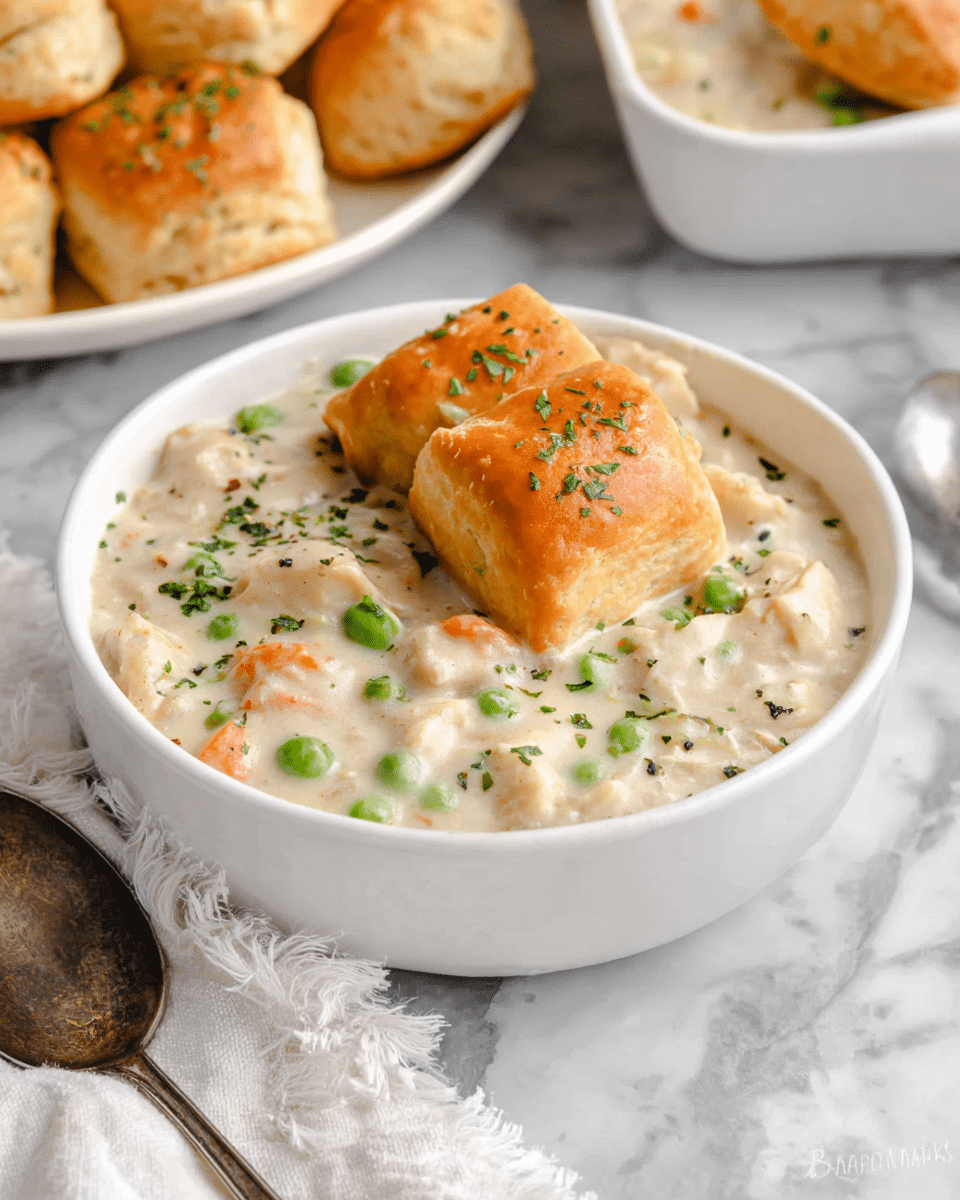 A white bowl filled with a creamy chicken and vegetable stew containing visible green peas and small orange carrot pieces mixed in the thick white sauce. On top of the stew, there are two golden-brown square biscuits with a shiny crust, sprinkled with green herbs. The bowl sits on a white marbled surface with a vintage silver spoon and a white fringed cloth beside it. In the background, there is a white dish containing more golden-brown biscuits, also lightly garnished with herbs. photo taken with an iphone --ar 4:5 --v 7