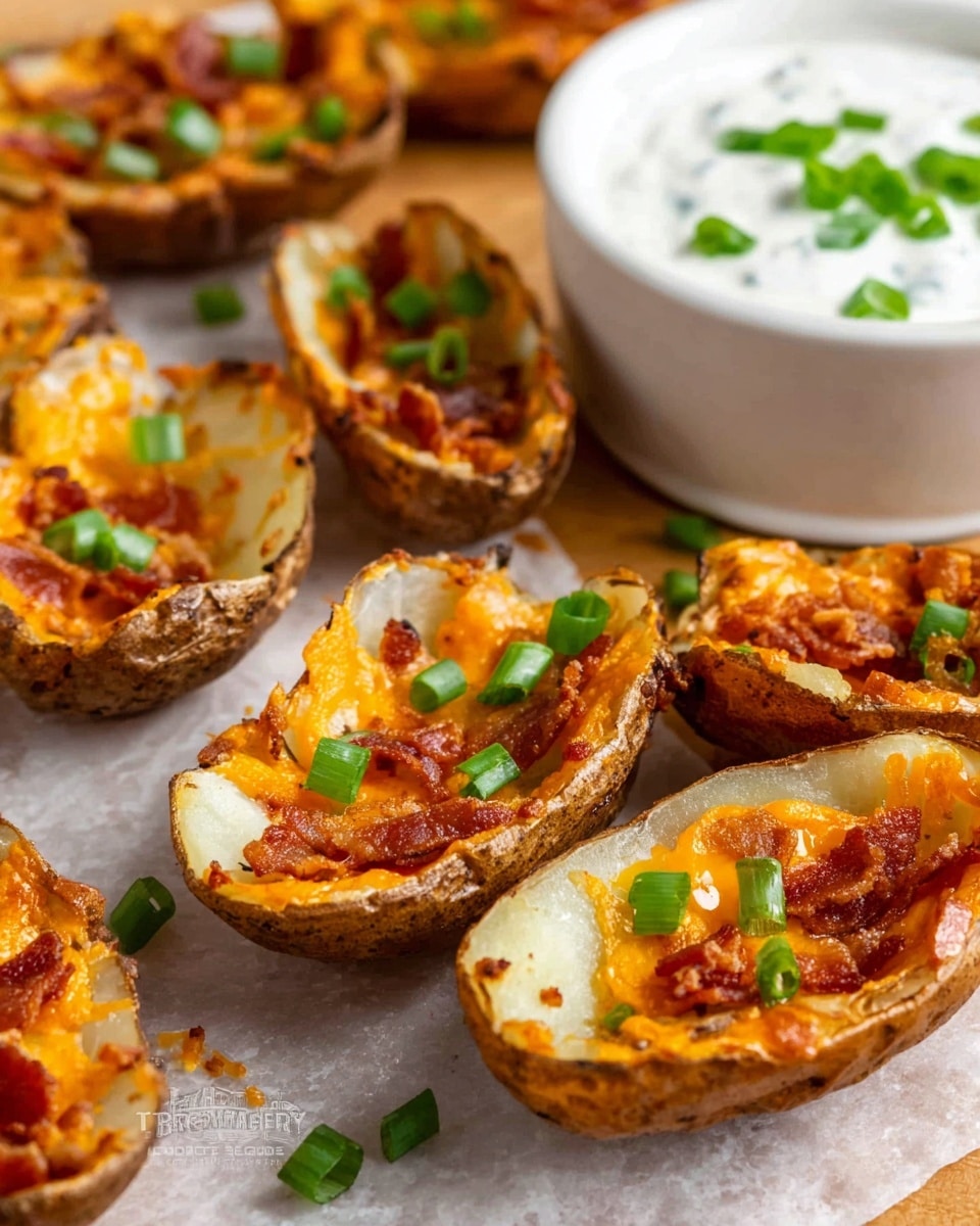 Several potato skins are shown, each cut in half with three distinct layers inside: the crispy brown potato shell on the outside, a soft pale yellow inner potato layer, and a top layer of melted bright orange cheese mixed with small, browned bacon bits. Scattered on top are fresh green chopped scallions adding a pop of green color. In the background, there is a white bowl with a creamy white dip sprinkled with green scallion pieces, all placed on a white marbled texture. photo taken with an iphone --ar 4:5 --v 7
