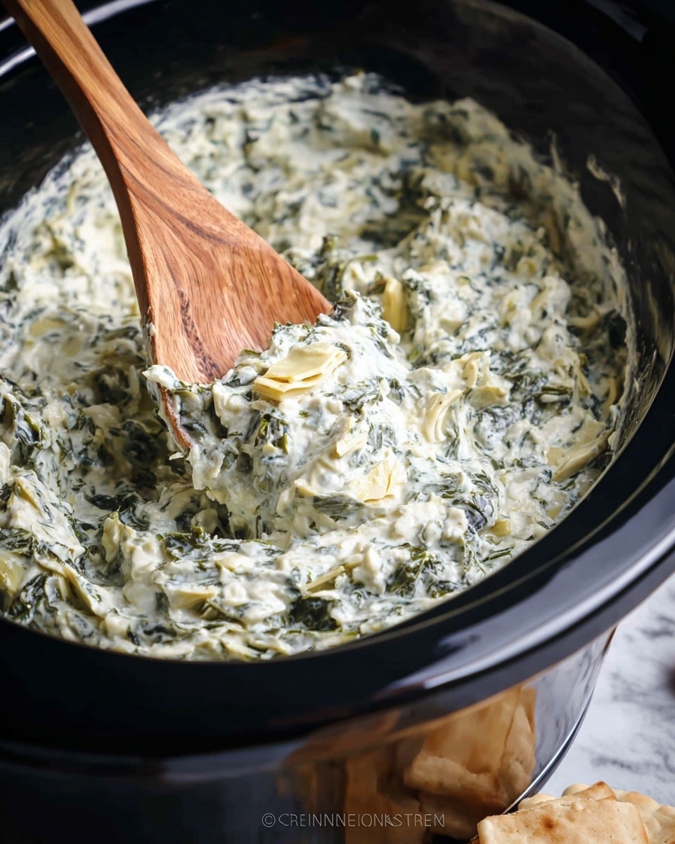 A thick creamy dip with visible small chunks of green spinach and pale artichoke pieces mixed throughout a rich white base, filling a black slow cooker pot. A wooden spoon with a smooth grain pattern is scooping some of the dip from the center. The black slow cooker contrasts with the white marbled texture below, and at the bottom edge, there is a glimpse of a beige flatbread or cracker. photo taken with an iphone --ar 4:5 --v 7
