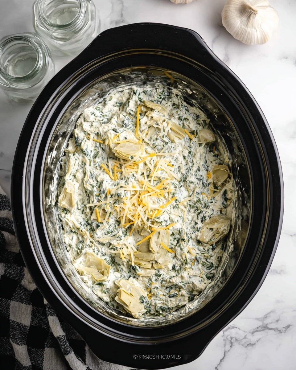 The image shows a black slow cooker filled with a creamy spinach dip, which is thick and has a mix of white and green colors from the creamy base and spinach leaves. On top, there are scattered pieces of shredded cheese and small chunks of artichokes, adding creamy yellow and light beige tones with a slightly rough texture. The black slow cooker contrasts with the creamy dip inside. The background is a white marbled surface with a bulb of garlic and two clear glass containers nearby, along with a black and white checkered cloth draped to one side. photo taken with an iphone --ar 4:5 --v 7