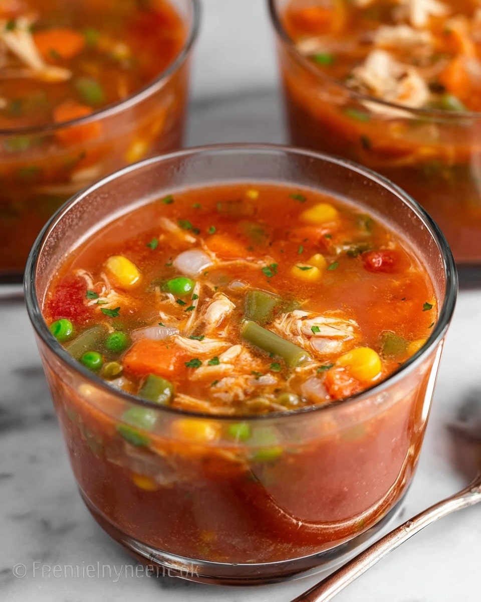 A clear glass bowl filled with thick tomato-based soup containing various colorful vegetables and shredded chicken pieces. The soup has visible layers of red tomato broth with chunks of orange carrots, yellow corn, green peas, green beans, white onions, and small bits of herbs sprinkled on top. Pieces of chicken are scattered throughout, adding texture among the vegetables. The bowl sits on a white marbled surface next to a metal spoon. More similar soup bowls partially appear in the background, slightly out of focus. photo taken with an iphone --ar 4:5 --v 7