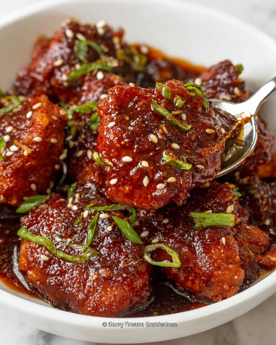 A close-up view of several pieces of fried chicken coated in a thick, shiny, dark reddish-brown sauce, served in a white bowl. The chicken pieces are covered with small white sesame seeds and thinly sliced green onions scattered evenly on top. The sauce looks sticky and rich, pooling slightly at the bottom of the bowl with a slightly glossy texture. A silver spoon is seen lifting one piece of the chicken, revealing the saucy coating on all sides. The background is a white marbled texture. photo taken with an iphone --ar 4:5 --v 7