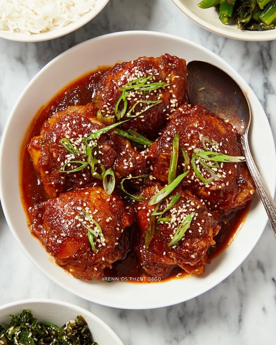 A white bowl filled with seven pieces of dark golden-brown chicken thighs covered in a thick, glossy, reddish-brown sauce. The chicken pieces are topped with light green sliced scallions and white sesame seeds scattered over the sauce. A silver spoon rests inside the bowl, partially submerged in the sauce with some chicken on it. The bowl is placed on a white marbled surface with parts of a white bowl of cooked white rice and another white bowl of cooked green vegetables visible nearby. photo taken with an iphone --ar 4:5 --v 7