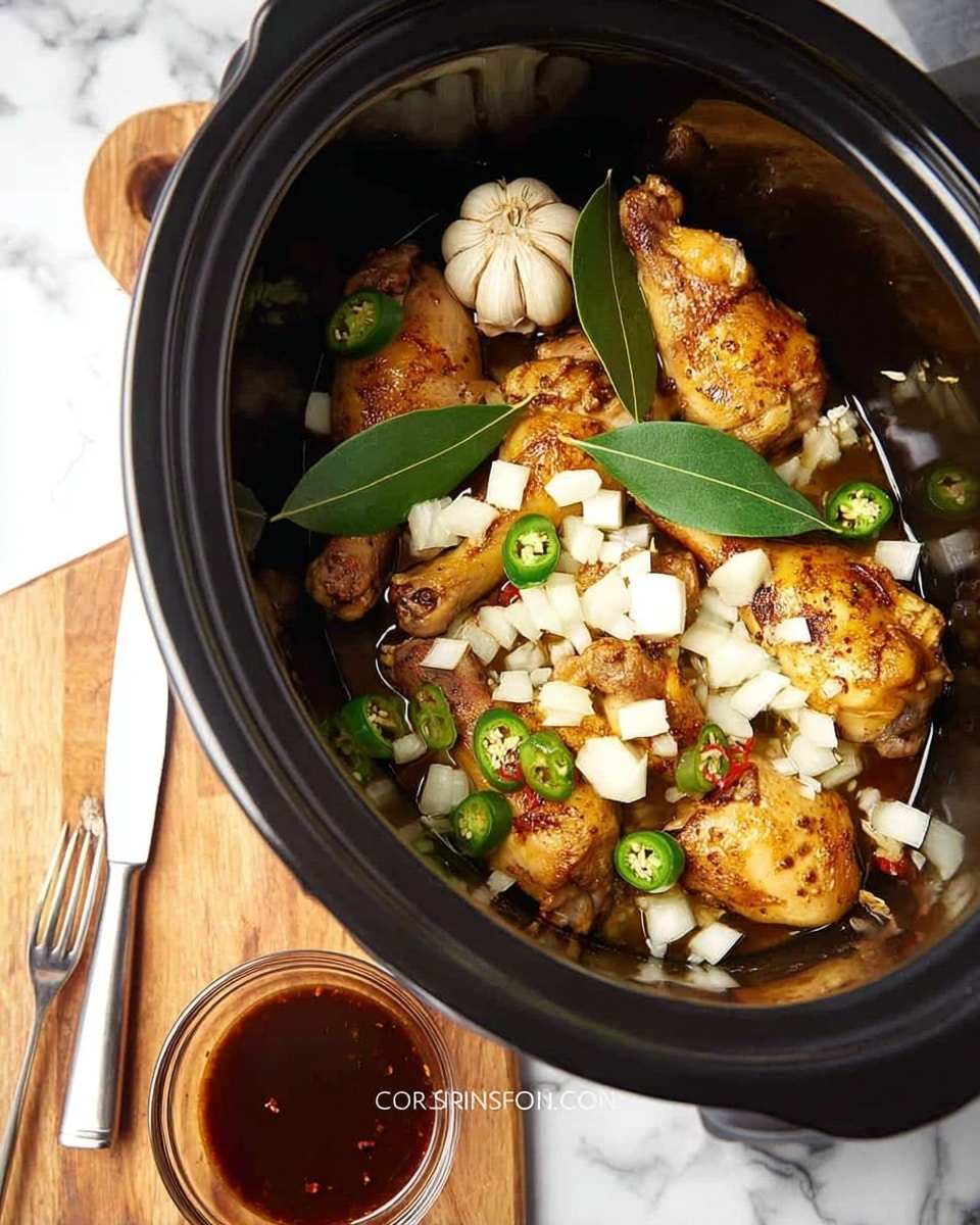 A black slow cooker filled with several golden-brown cooked chicken drumsticks at the bottom layer, topped with scattered white diced onions and sliced green jalapeño peppers. Whole bay leaves and a halved garlic bulb rest on top, adding a mix of bright green and pale cream colors. The slow cooker is placed on a white marbled surface with a wooden cutting board to the side holding a silver knife with a black handle and a glass bowl with dark brown sauce and a fork inside. Photo taken with an iphone --ar 4:5 --v 7