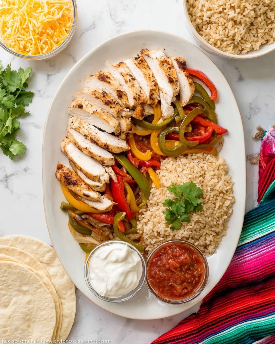 The image shows a white oval plate with thin slices of grilled chicken arranged in two curved rows on each side. In the middle, there is a colorful mix of sautéed bell peppers in green, yellow, and red, along with onions, creating a vibrant layer. On the top side of the plate, two small clear bowls hold creamy white sour cream and chunky red salsa. On the bottom right corner of the plate, there is a scoop of light brown cooked rice, garnished with fresh green cilantro leaves. The plate is placed on a white marbled surface, surrounded by a stack of white tortillas at the bottom left, a bowl of more brown rice at the top left, and a bowl with shredded cheese partially visible. A colorful striped cloth is on the bottom right corner. photo taken with an iphone --ar 4:5 --v 7