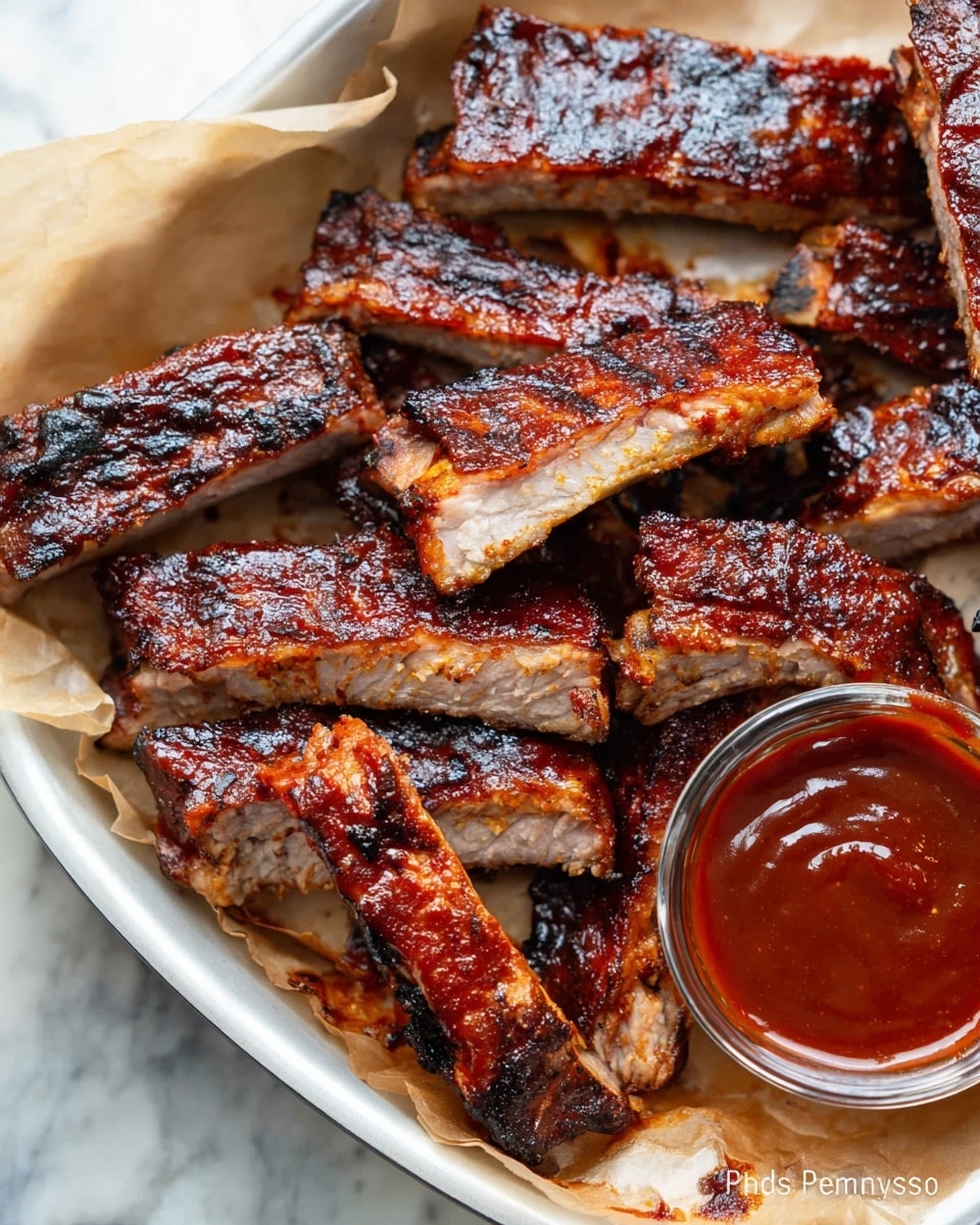 The image shows a white tray lined with light parchment paper filled with several pieces of grilled ribs. The ribs have a dark reddish-brown glaze with some charred blackened spots, showing a shiny and sticky texture. The ribs are cut into thick rectangular sections, with layers of tender meat and a hint of bone inside. In the lower right corner of the tray, there is a small clear glass container filled with smooth, thick reddish-brown barbecue sauce. The whole scene is set on a white marbled surface. Photo taken with an iphone --ar 4:5 --v 7
